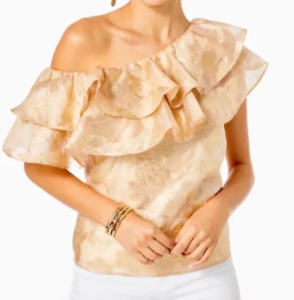 LILLY PULTIZER NWT Trixie One Shoulder Gold Organza Brocade Blouse // XS